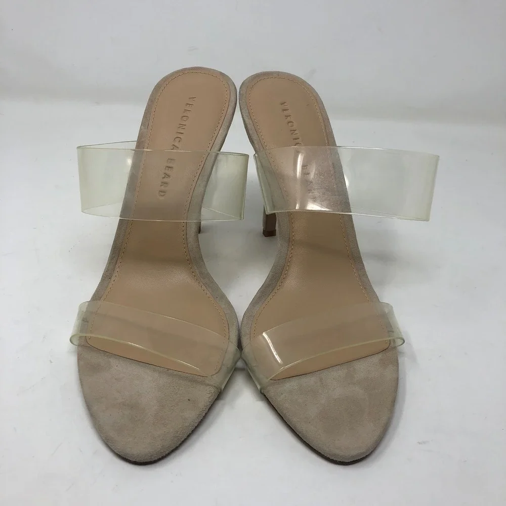 Veronica Beard Asha Sandals Womens 7.5 Tan Suede Clear PVC Double Strap Stiletto